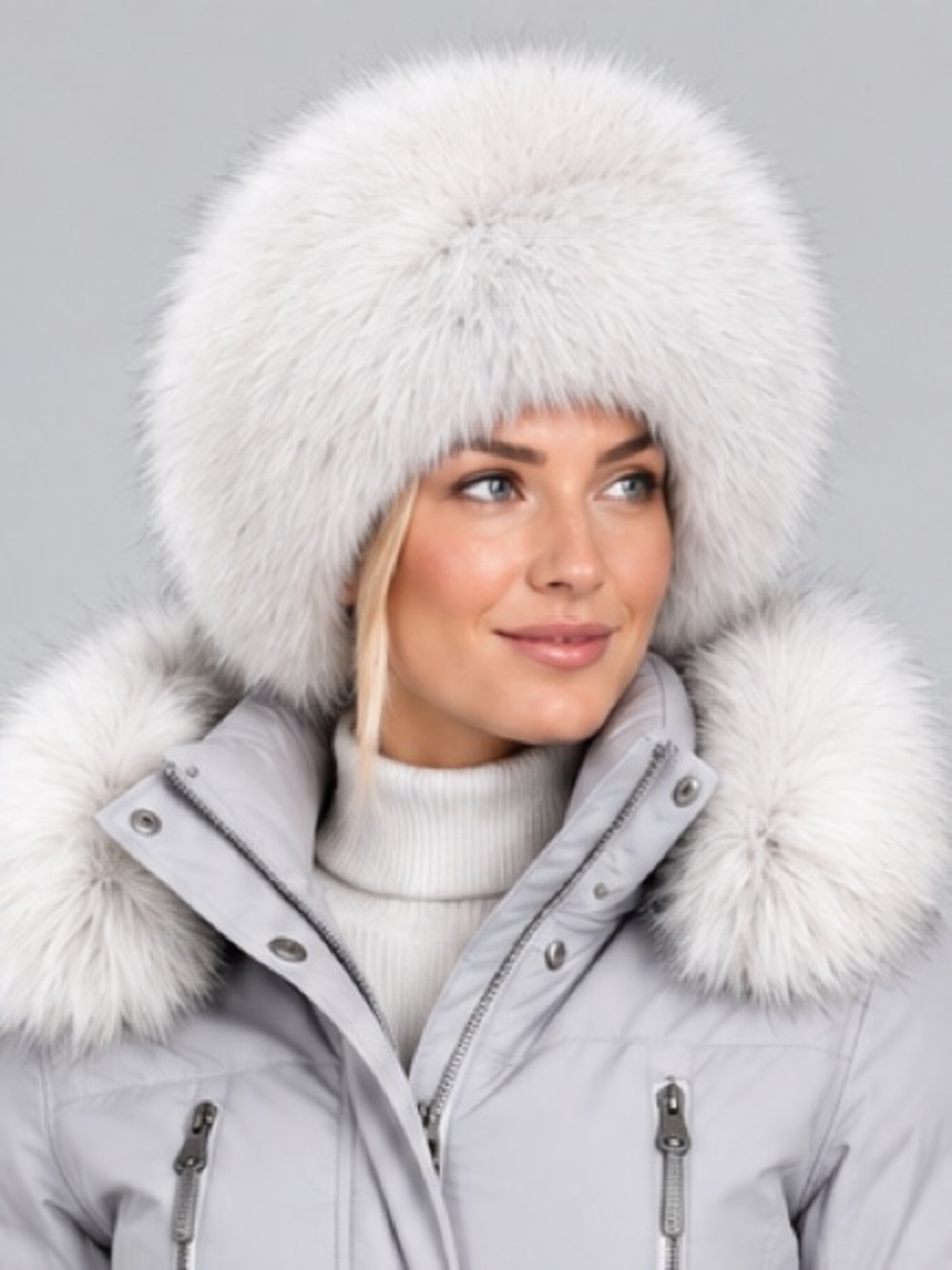 Real fox fur trim real leather Aviator, Ushanka, Trapper hat in soft dove grey